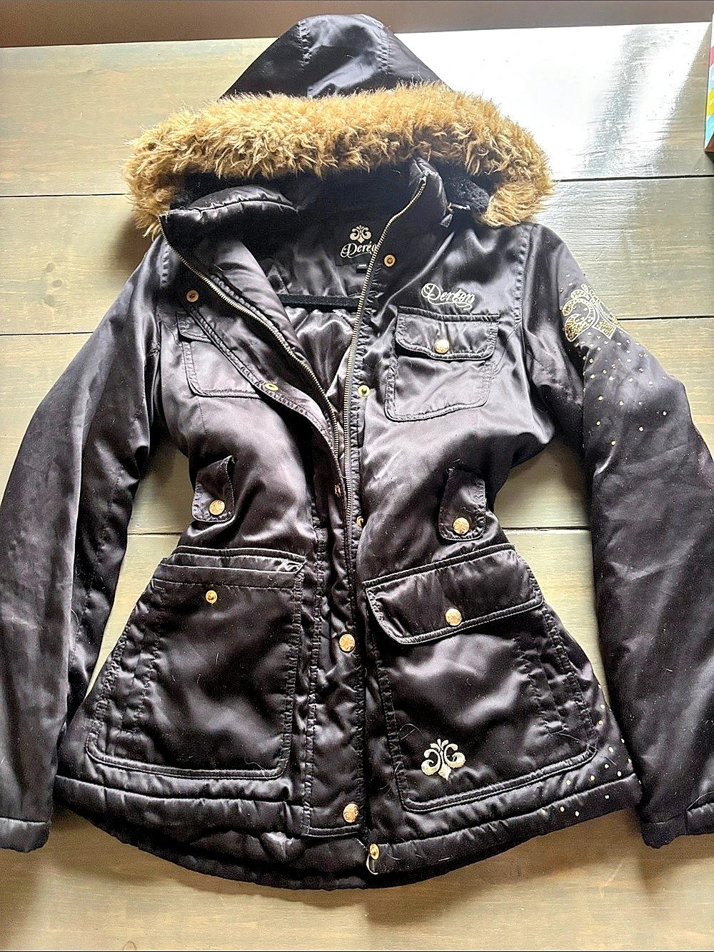 vintage y2k Dereon Embellished Black Hooded Puffer Jacket Size Medium